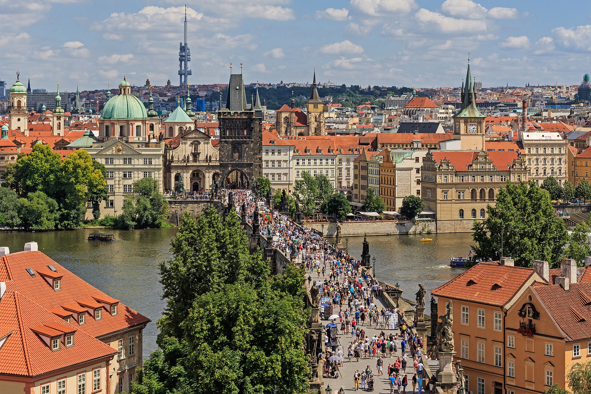 Charles Bridge seen from the Lesser Town tower — Prague, Czech Republic